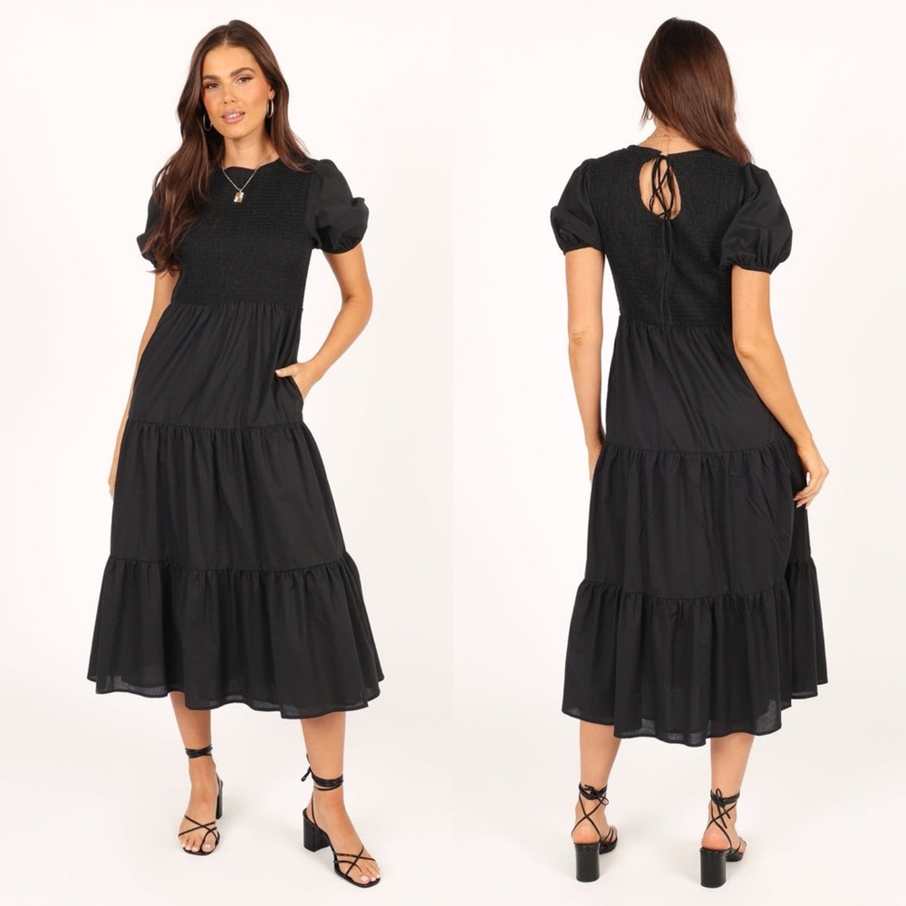 PETAL + PUP NAURA SHIRRED TIERED MIDI DRESS - BLACK